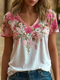 Women's Breast Cancer Awareness Floral Art V-Neck Short-Sleeve T-Shirt