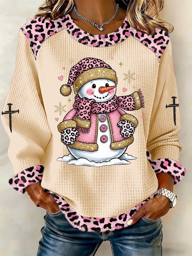 Women's Casual Pink Leopard Print Snowman Waffle Sweatshirt