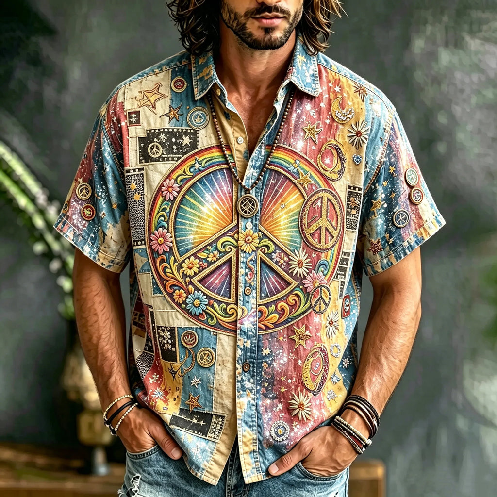 Vintage Hippie Patchwork Peace Sign Men Shirt