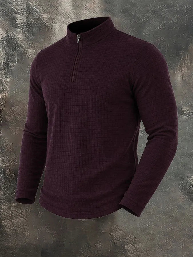 Men's American Retro Autumn And Winter Half-Zip Small Plaid Casual Stand-Up Collar Long-Sleeved Sweatshirt