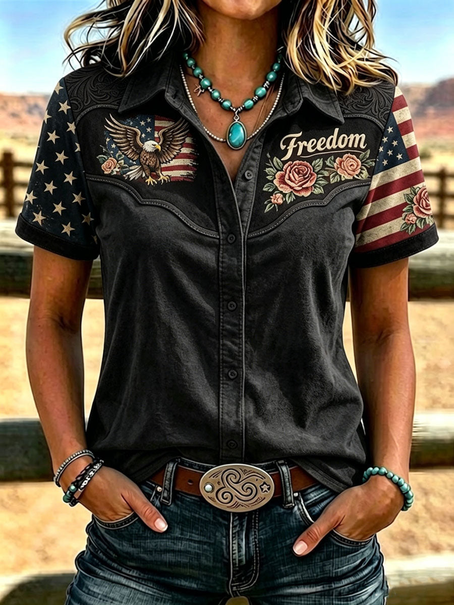 Women'S Retro Western Style Printed Short Sleeved Shirt