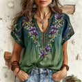 Women's Retro Floral Embroidery Casual Cotton Linen T-shirt