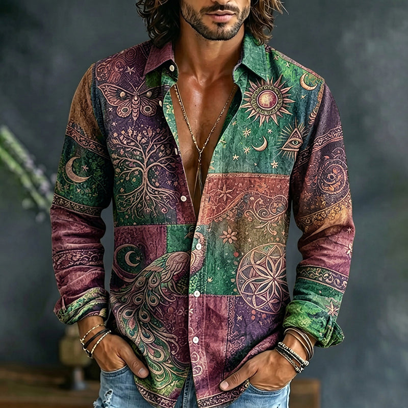 Men's Mystical Hippie Style Peacock Sun And Moon Art Print Long Sleeve Shirt