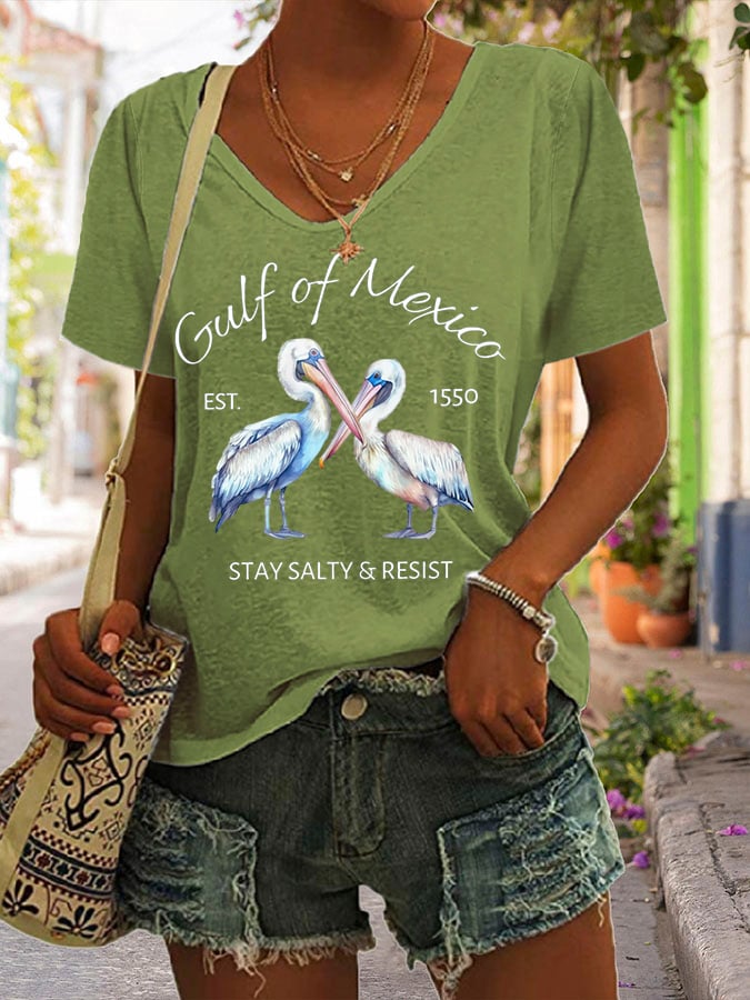 Women's Gulf Of Mexico Print V Neck Casual T-Shirt
