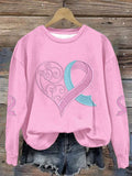 Women's Breast Cancer Awareness Print Love Heart Pink Ribbon Long Sleeve Sweatshirt
