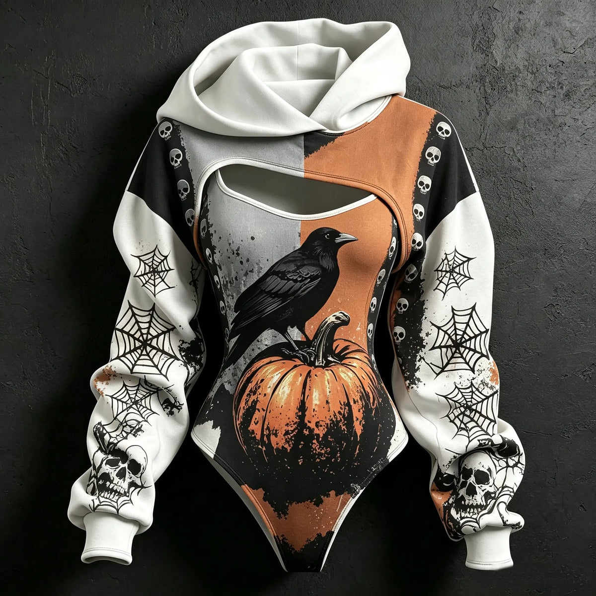 Women's Retro Halloween Color Block Raven Pumpkin Skull Spider Web Print Hoodie Two-piece Set