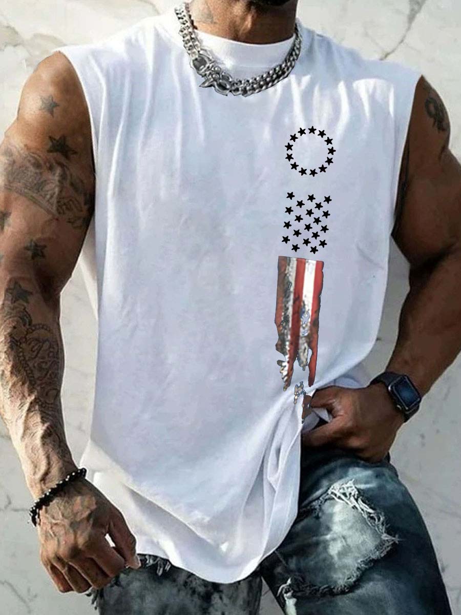 America Flag Pattern Round Neck 100% Cotton Tank Top