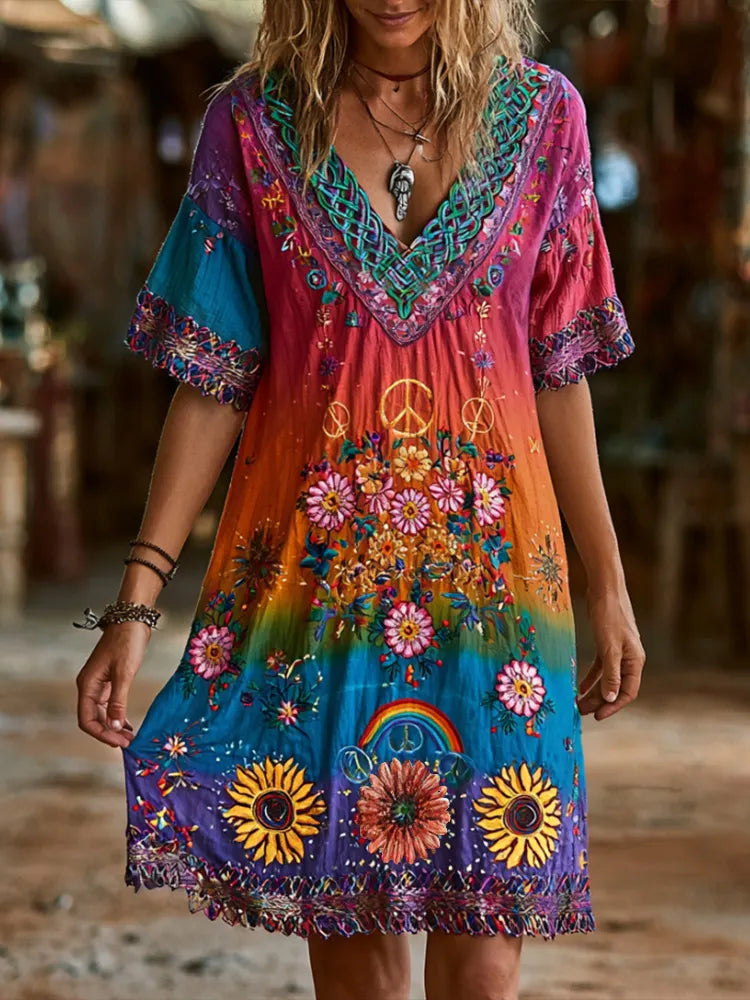 Women's Vintage Hippie Floral And Peace Symbol Embroidered Tie-dye Comfortable Cotton Linen V-neck Short Sleeve Dress