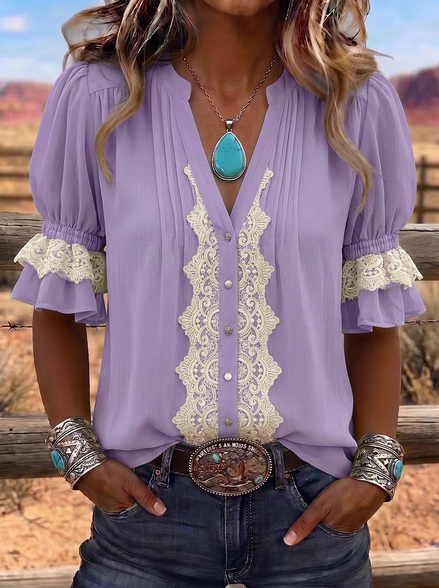 Women's Western Vintage Lace Trim Puff Sleeve Blouse