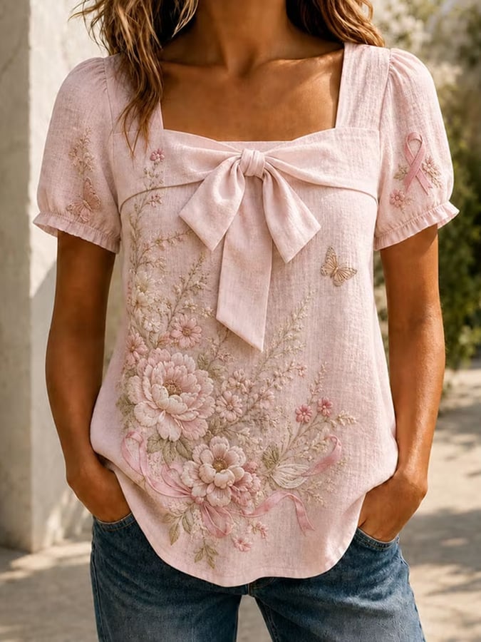 Women'S Pink Floral Breast Cancer Print Top