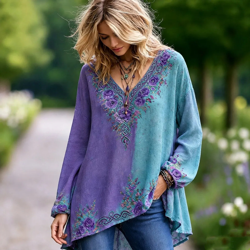 Women's Retro Purple Rose And Celtic Knot Pattern Casual Cotton Linen T-shirt