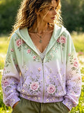 Women's Gradient Green-to-purple Full-zip Hoodie Sweatshirt With Pink Roses And Floral Vines Print