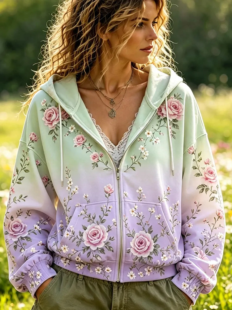 Women's Gradient Green-to-purple Full-zip Hoodie Sweatshirt With Pink Roses And Floral Vines Print