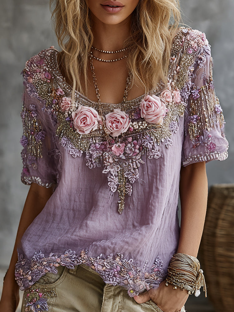 Women's Vintage Floral Embroidered Art Flowy Linen Blend Short Sleeve Casual Tops