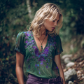 Vintage Purple Rose Embroidery Linen V Neck T-shirt