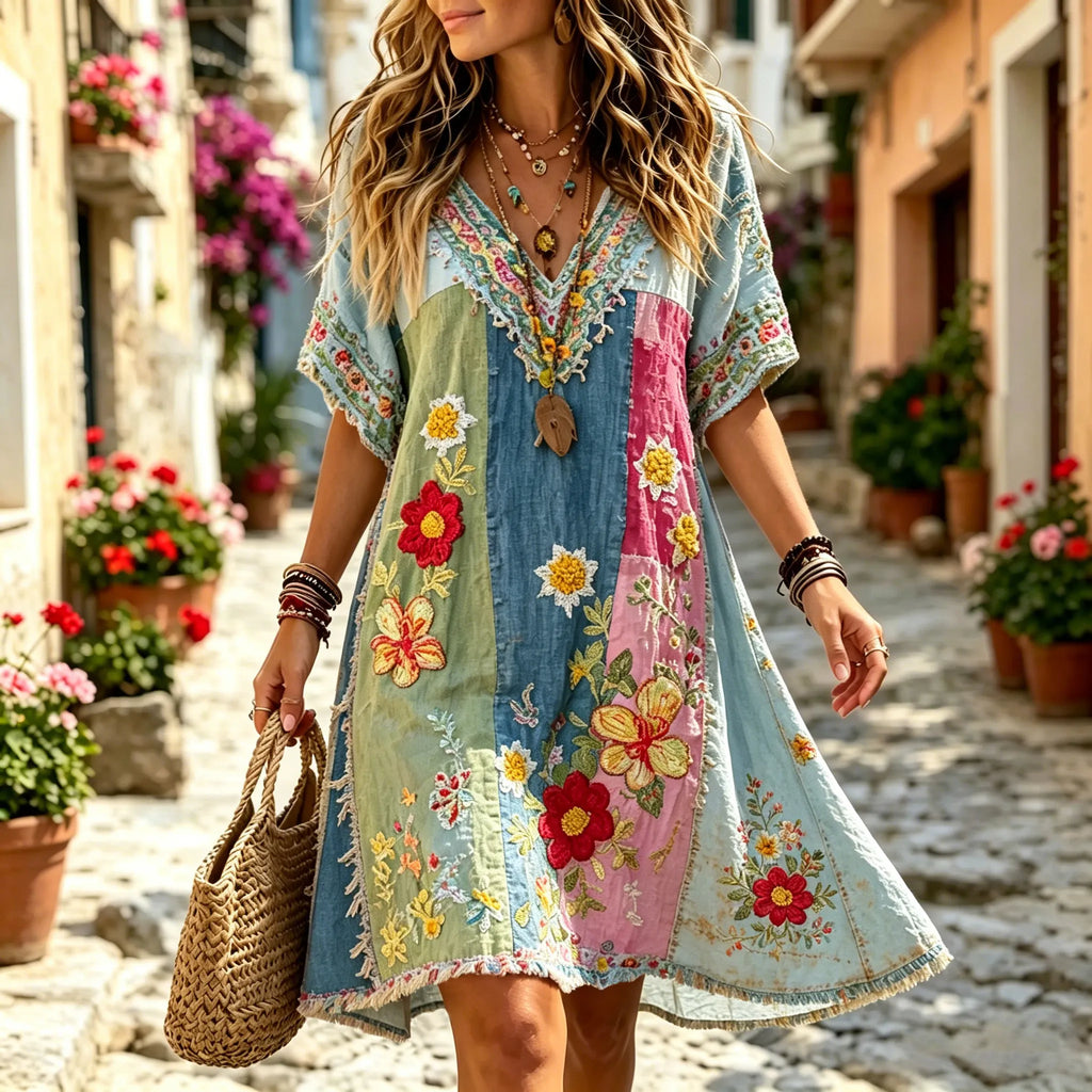 Women's Retro Floral Patchwork Art Cotton Linen Casual Dress