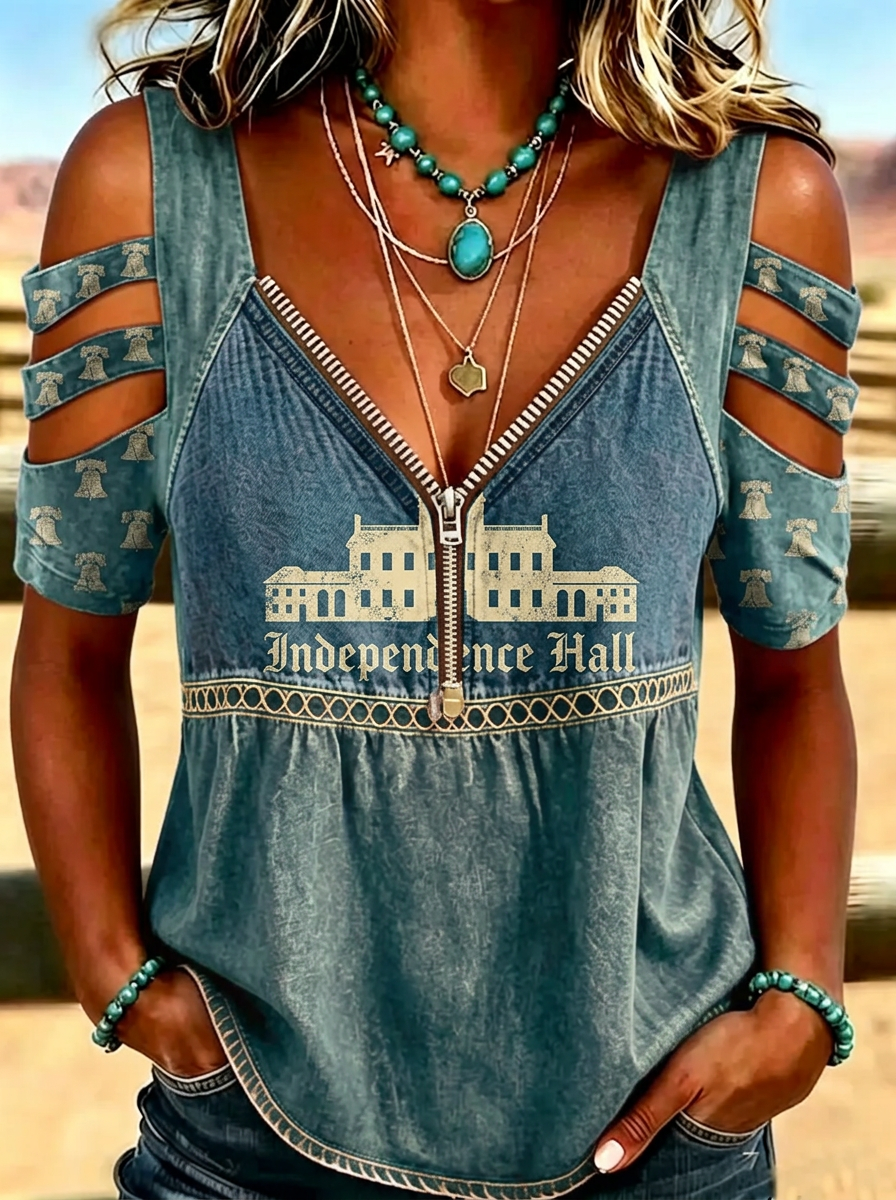 Women's Western Independence Day Liberty Bell Hall Printed T-shirt
