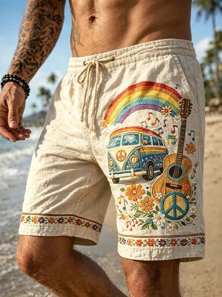 Men's Retro Hippie Vacation Style Art Print Casual Shorts