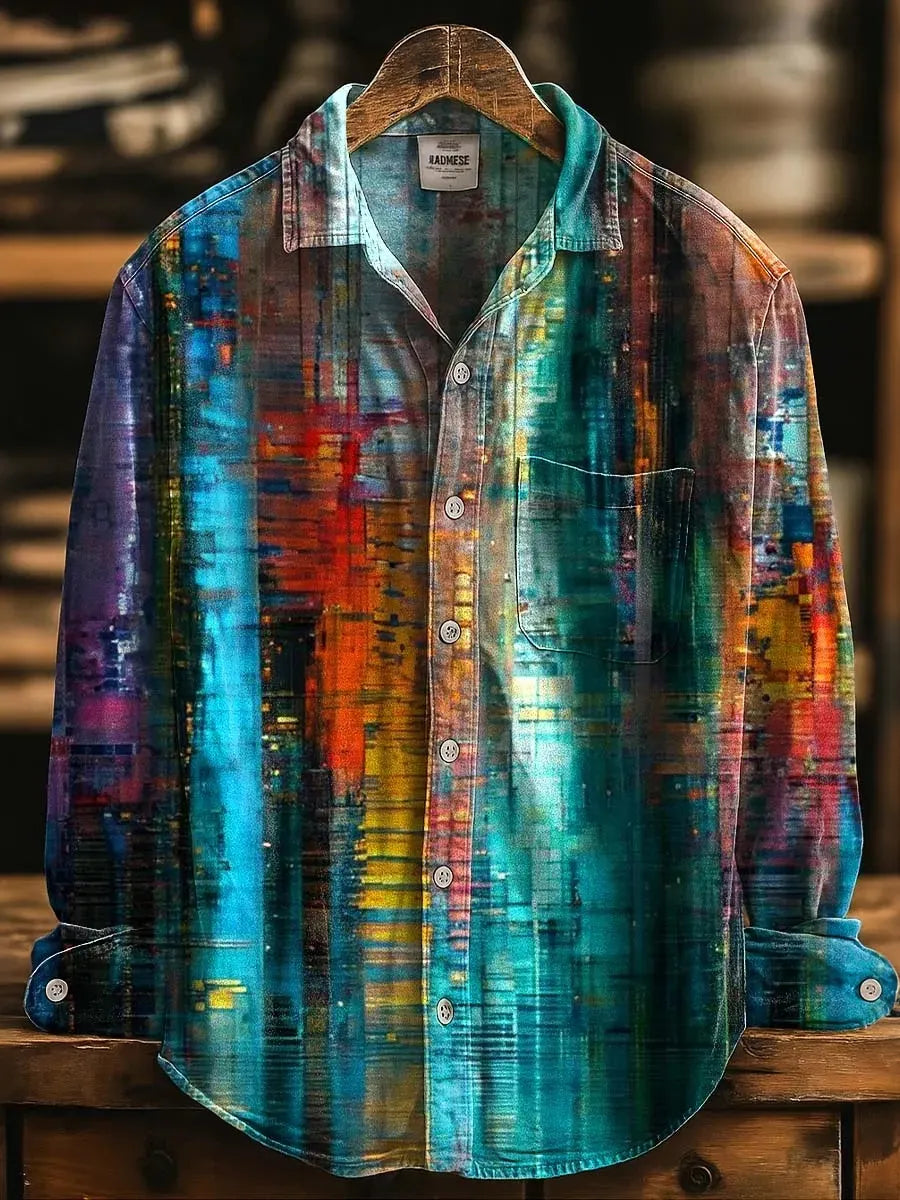 Men's Retro Vacation Color Block Lapel Long-sleeve Cotton Linen Shirt