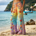 Women's Retro Hippie Peace Floral Embroidery Art Pattern Linen Blend Pants