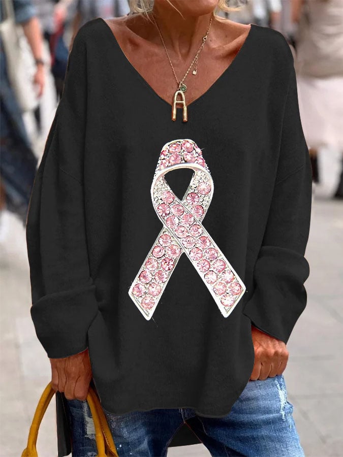 Womens Breast Cancer Awareness Jewelry Pink Ribbon Casual Top