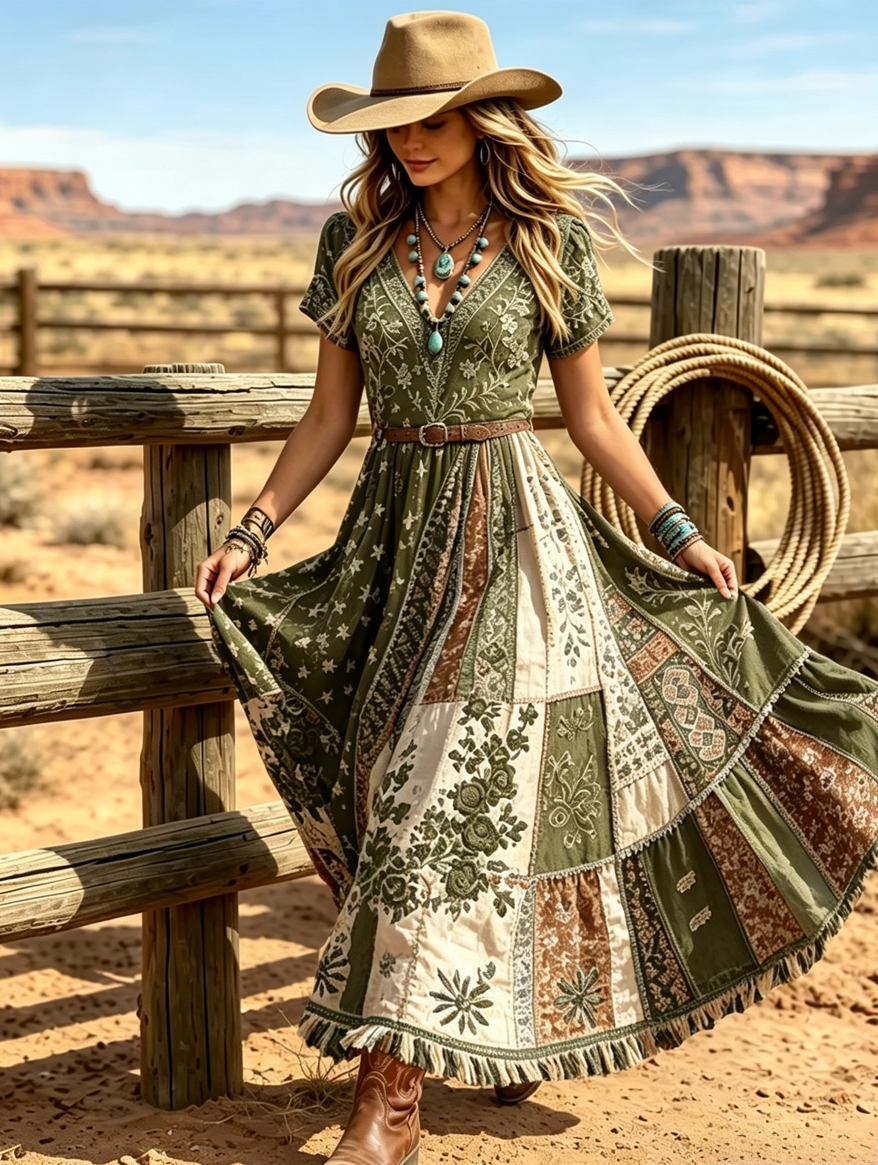 Women's Western Vintage Linen-Blend Maxi Dress