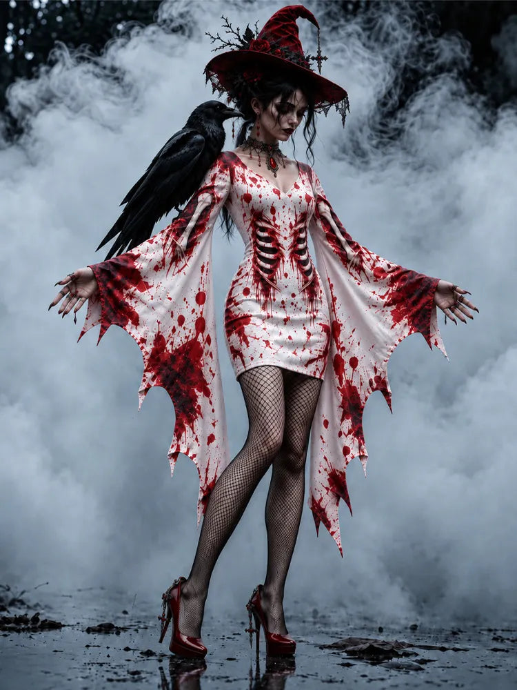 Women's Halloween Gothic Blood Stain Skeleton Print Bat Sleeve Flared Sleeve V-neck Bodycon Dress – Halloween Costume