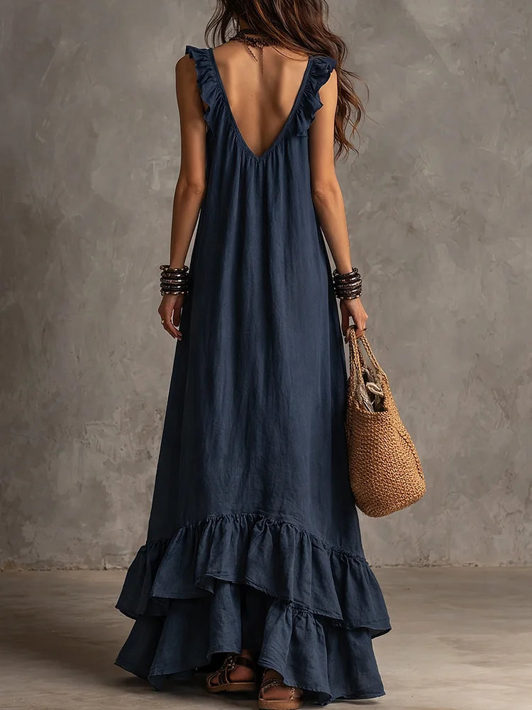 Elegant Bohemian V Neck Ruffle Maxi Dress