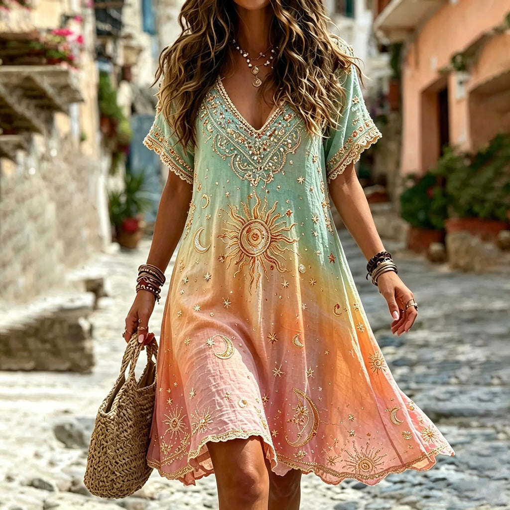 Retro Mint Peach Gradient Sun And Moon Embroidered Hippie Style Dress