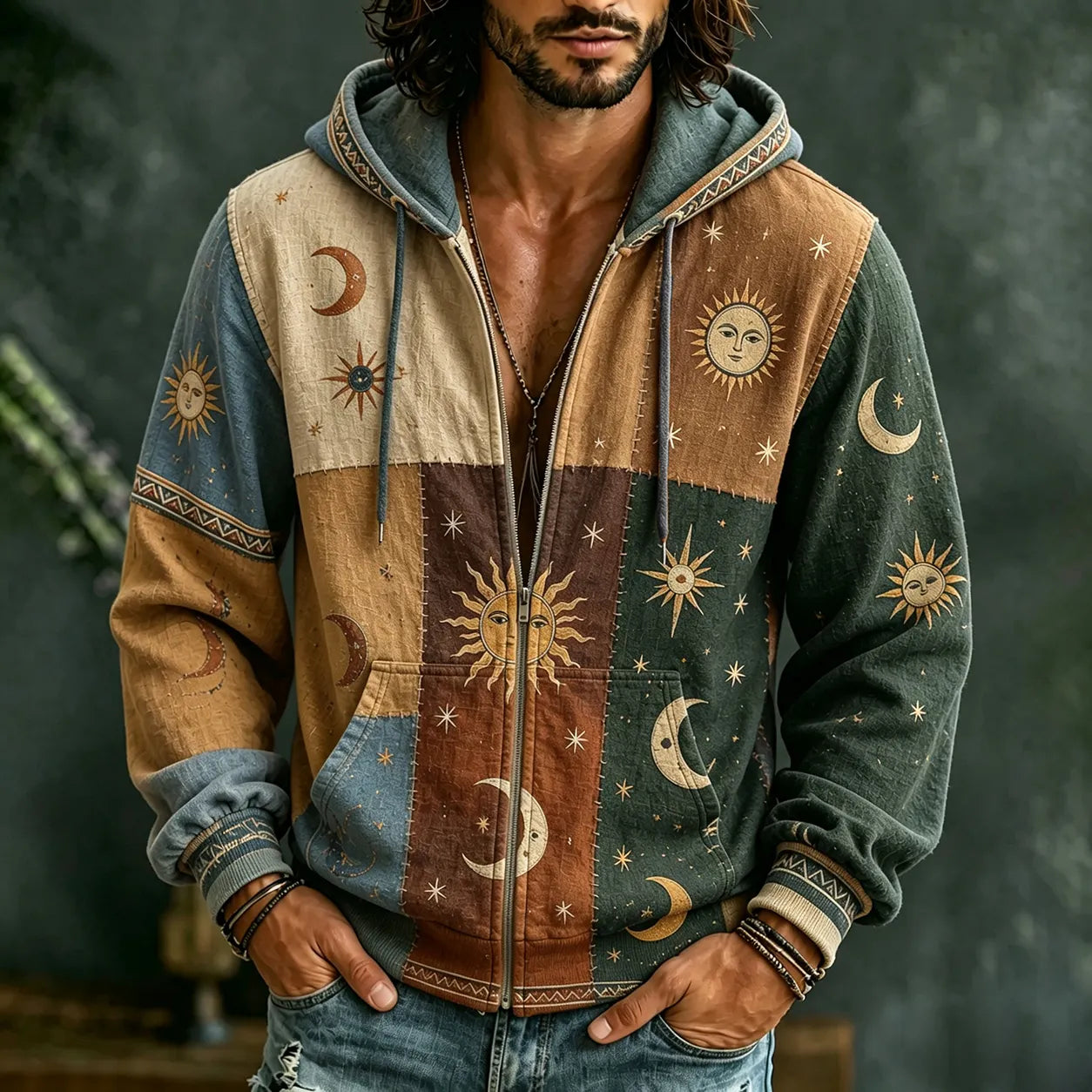 Men's Vintage Sun Moon Star  Patchwork Art Cozy Warm Zipper Hoodie