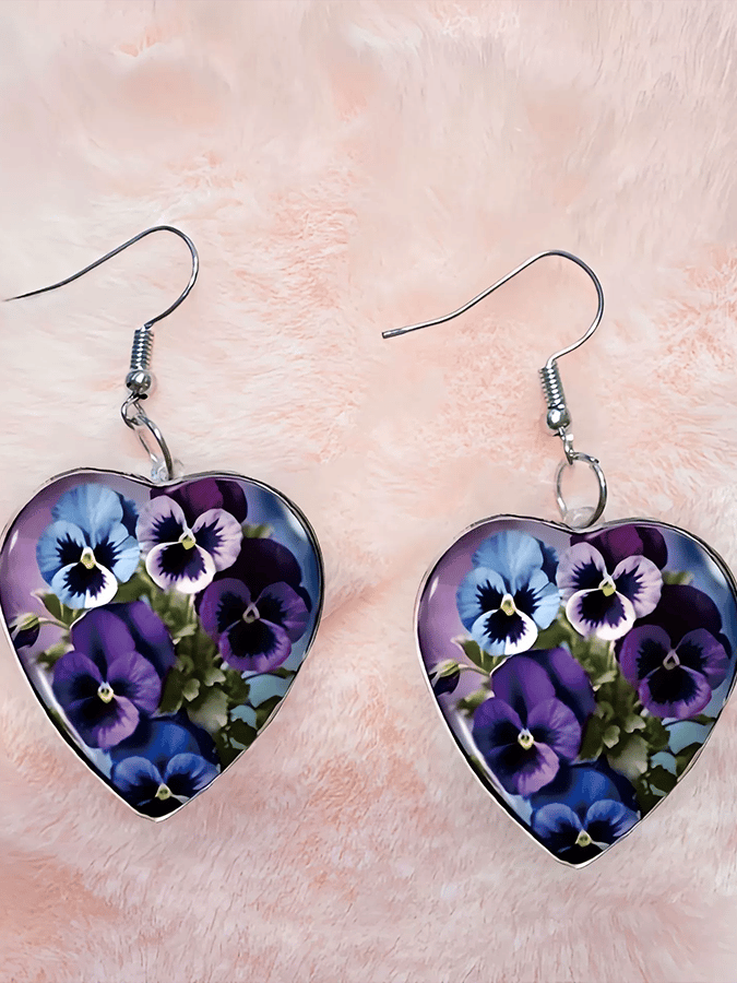 Purple Heart Pansy Design Earrings