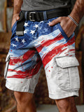 Men's Retro Color-Block Distressed Patriotic Cargo Shorts with Pockets (Belt Not Included)
