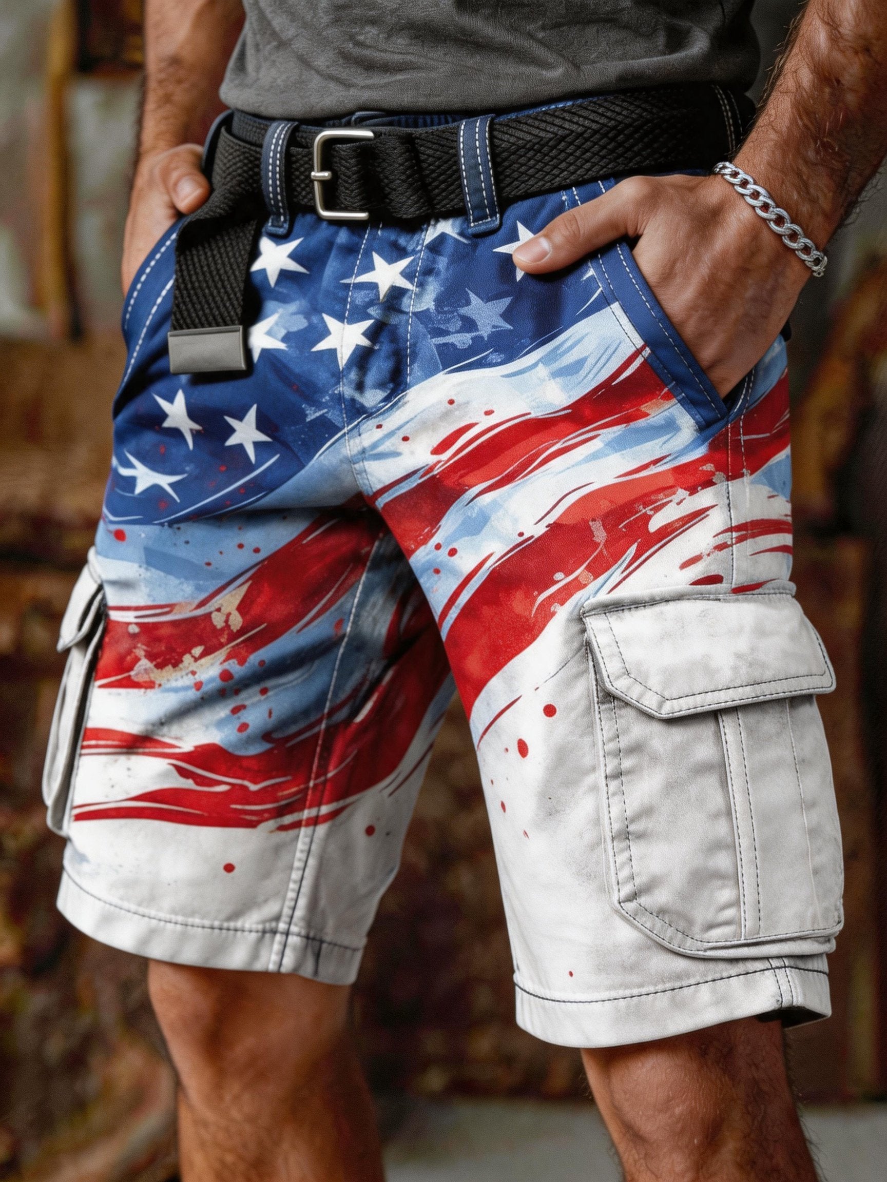 Men's Retro Color-Block Distressed Patriotic Cargo Shorts with Pockets (Belt Not Included)
