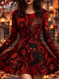 Women's Gothic Halloween Skull Cat Rose Print Long Sleeve Dress