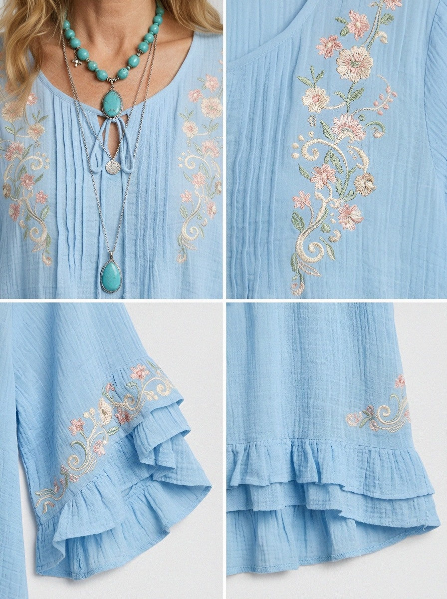 Women's Western Vintage Floral Embroidered Ruffle Sleeve Top
