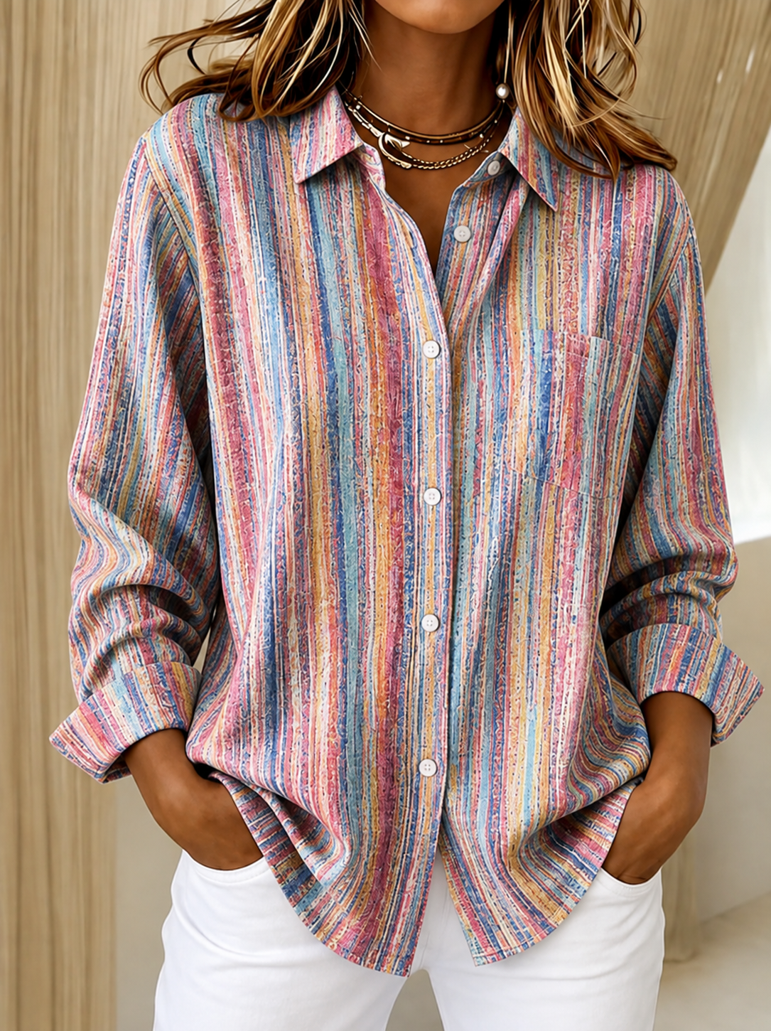 Women'S Striped Art Printed Lapel Long Sleeved Shirt