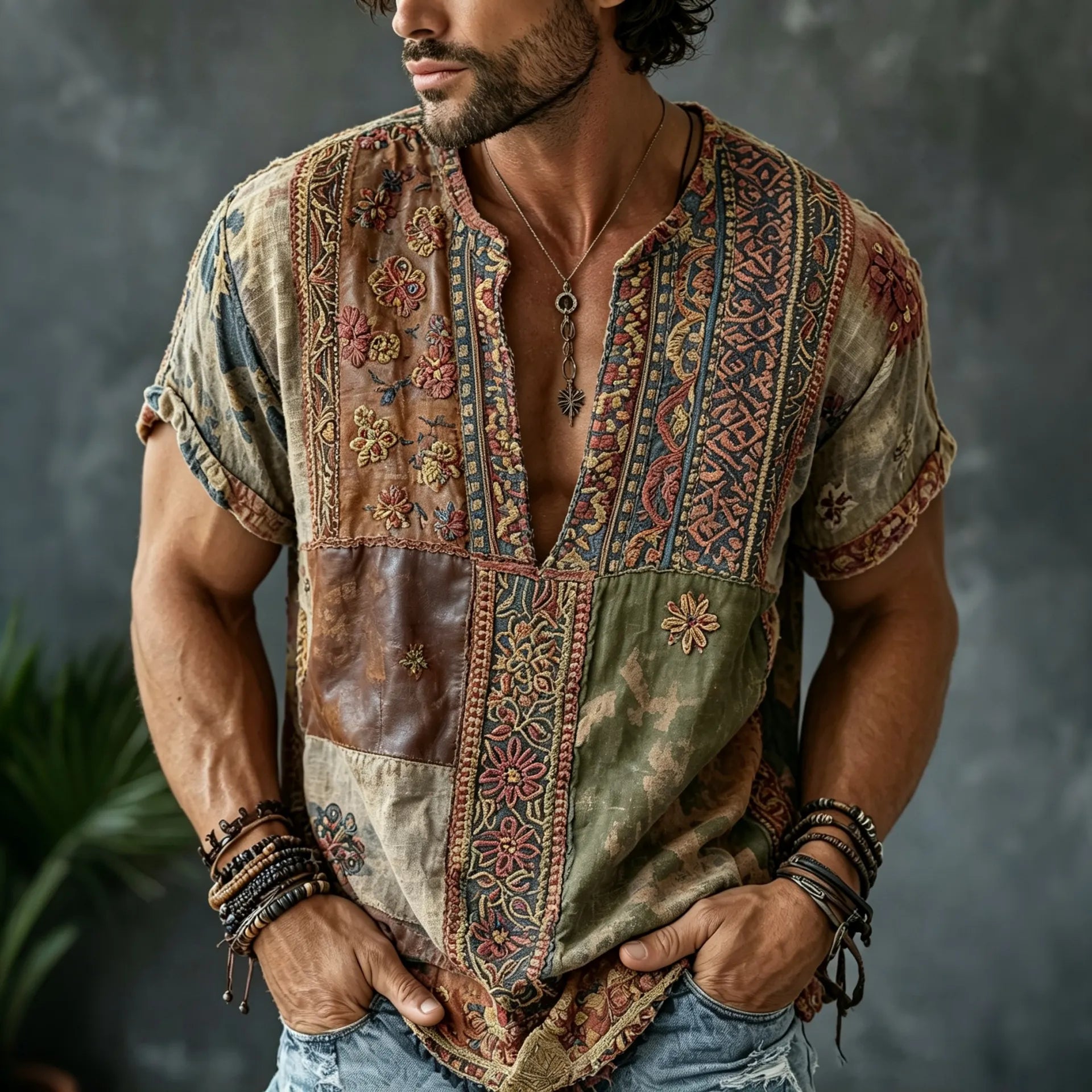 Men's Retro Floral  Patchwork Embroidered Art Print Flowy Linen Blend Casual Shirts