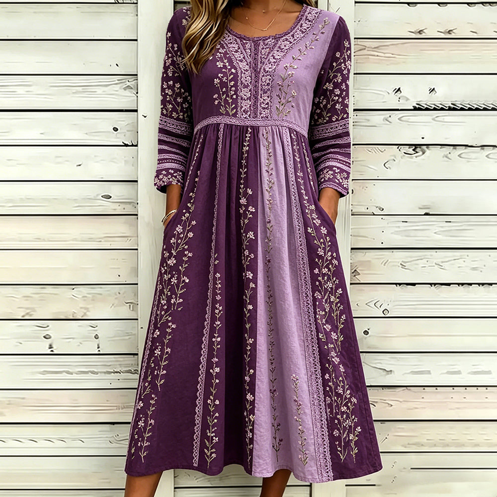 Women's Floral And Lace Art Splicing Purple Washed Cotton Linen Casual Long Sleeve Round Neck Dress