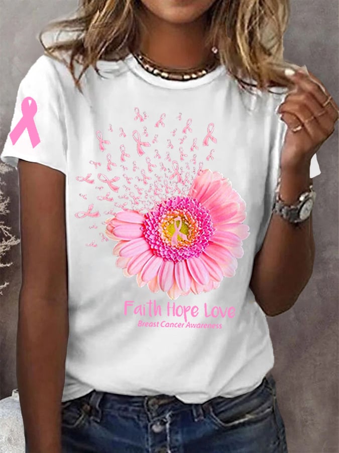 Women's Pink Sunflower Faith Hope Love Breast Cancer Awareness Warrior Tee