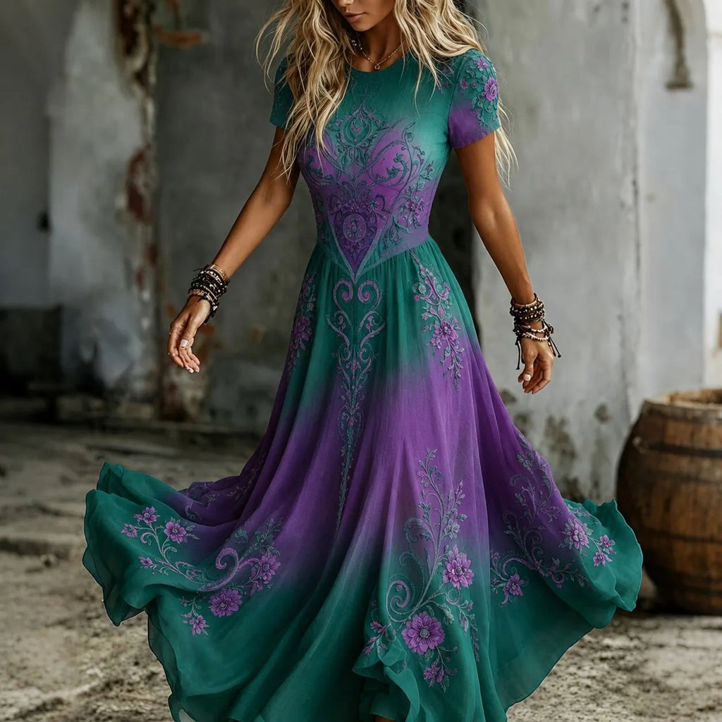 Women's Vintage Floral Embroidery Art Crew Neck Short Sleeve Flowy Maxi Dress