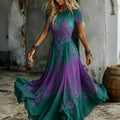 Women's Vintage Floral Embroidery Art Crew Neck Short Sleeve Flowy Maxi Dress