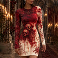 Women's Halloween Bloodstain Skull Rose Print Round Neck Bodycon Dress