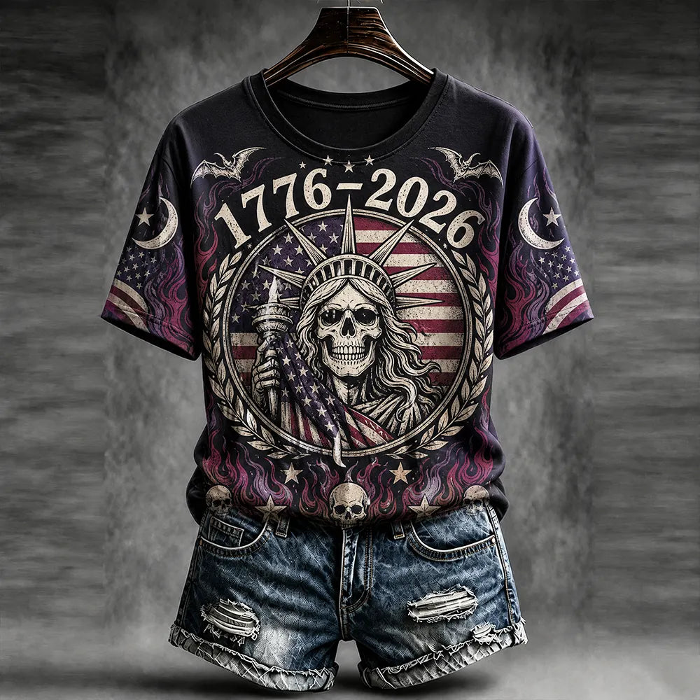 Women's Crewneck Short Sleeve T-shirt Featuring 1776-2026 Skeleton Statue Of Liberty And Flag
