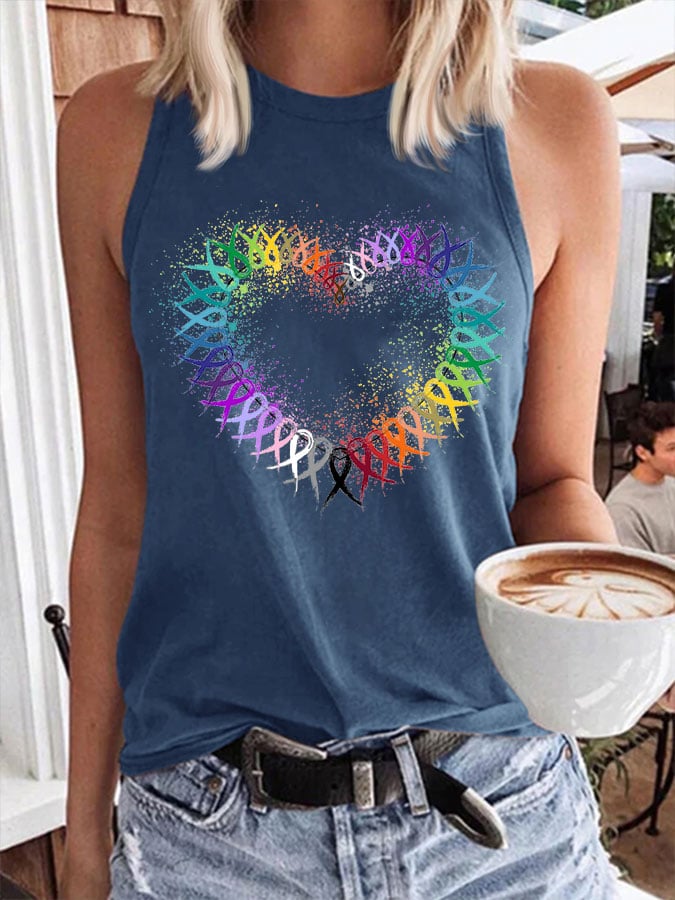 Women's All Cancer Awareness Heart Ribbon Print Tank Top