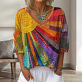 Women's Vintage Floral In Gradient Art Print Flowy Linen Blend  Three-quarter Sleeve V Neck Linen Tops