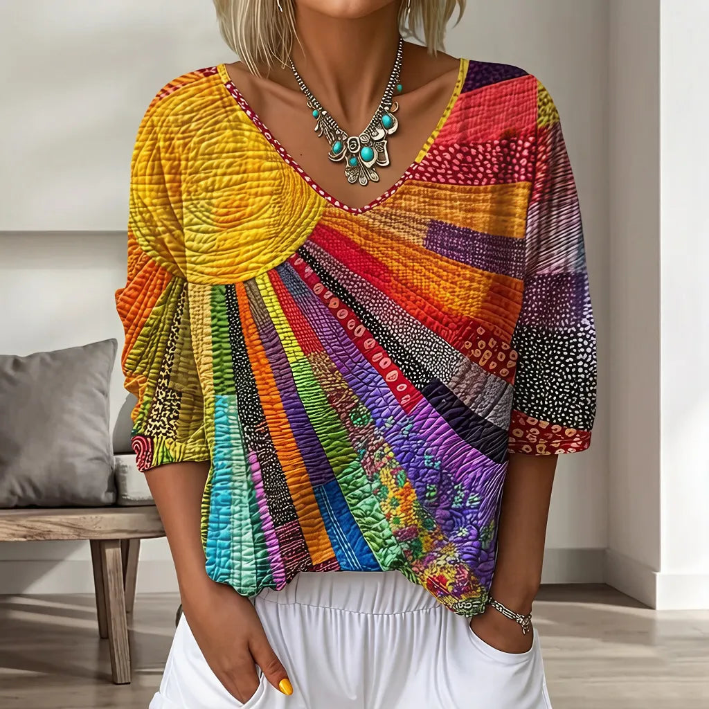 Women's Vintage Floral In Gradient Art Print Flowy Linen Blend  Three-quarter Sleeve V Neck Linen Tops