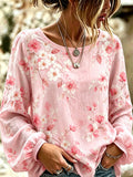 Women's Vintage-Style Printed Cotton-Linen Top