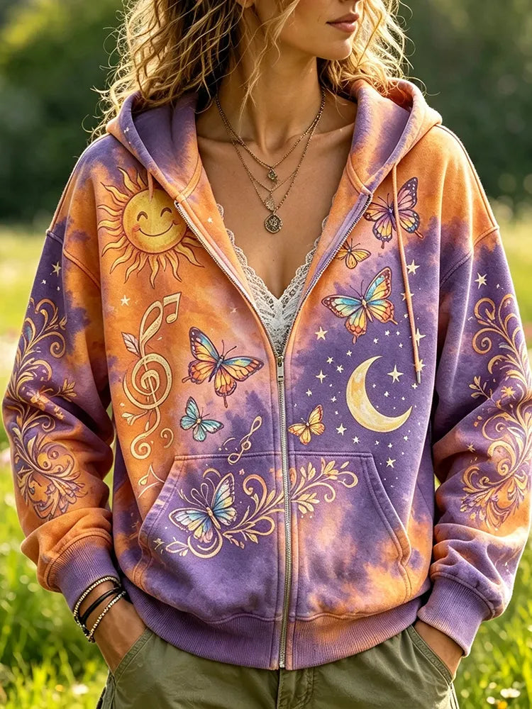 Women's Purple And Orange Tie-dye Zip-up Hoodie Featuring Graphic Designs Of Butterflies, A Smiling Sun, Crescent Moon, And Musical Notes.