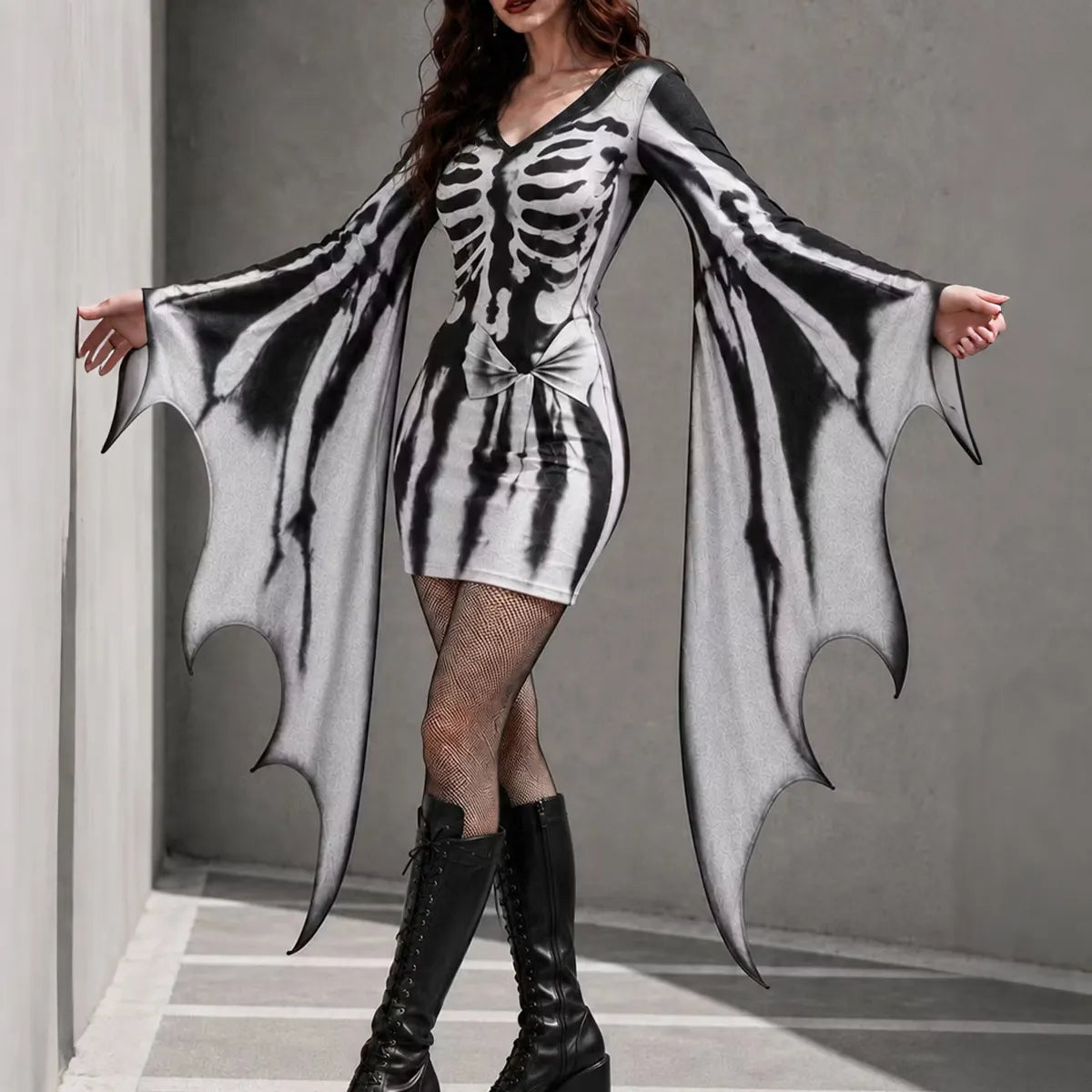 Women's Gothic Skeleton Batwing Flare Sleeve V Neck Bodycon Dress – Halloween Costume