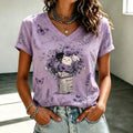 Women's Retro Bohemian Floral And Cat Print Cotton Linen T-shirt